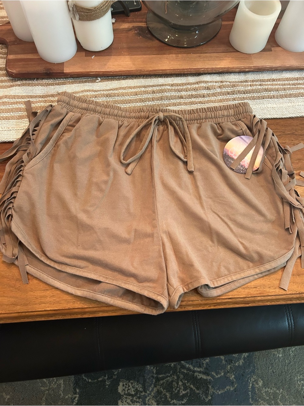 Love By Design Tan Drawstring Fringe Athletic Shorts